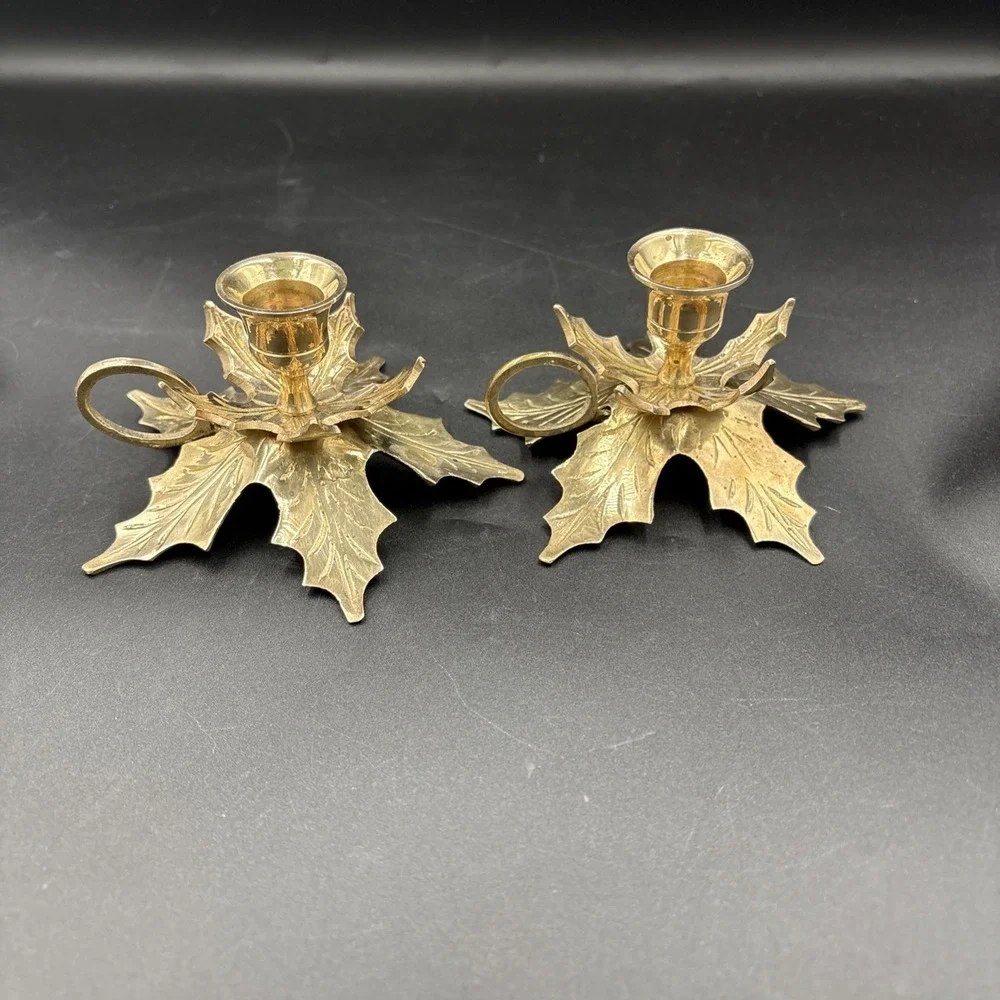 VTG  Brass Chambersticks Candle Holders  Leaf Fall Decor W/Finger Loop 8